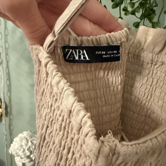 Zara Khaki Linen Smocked Midi Dress - Picture 2 of 9